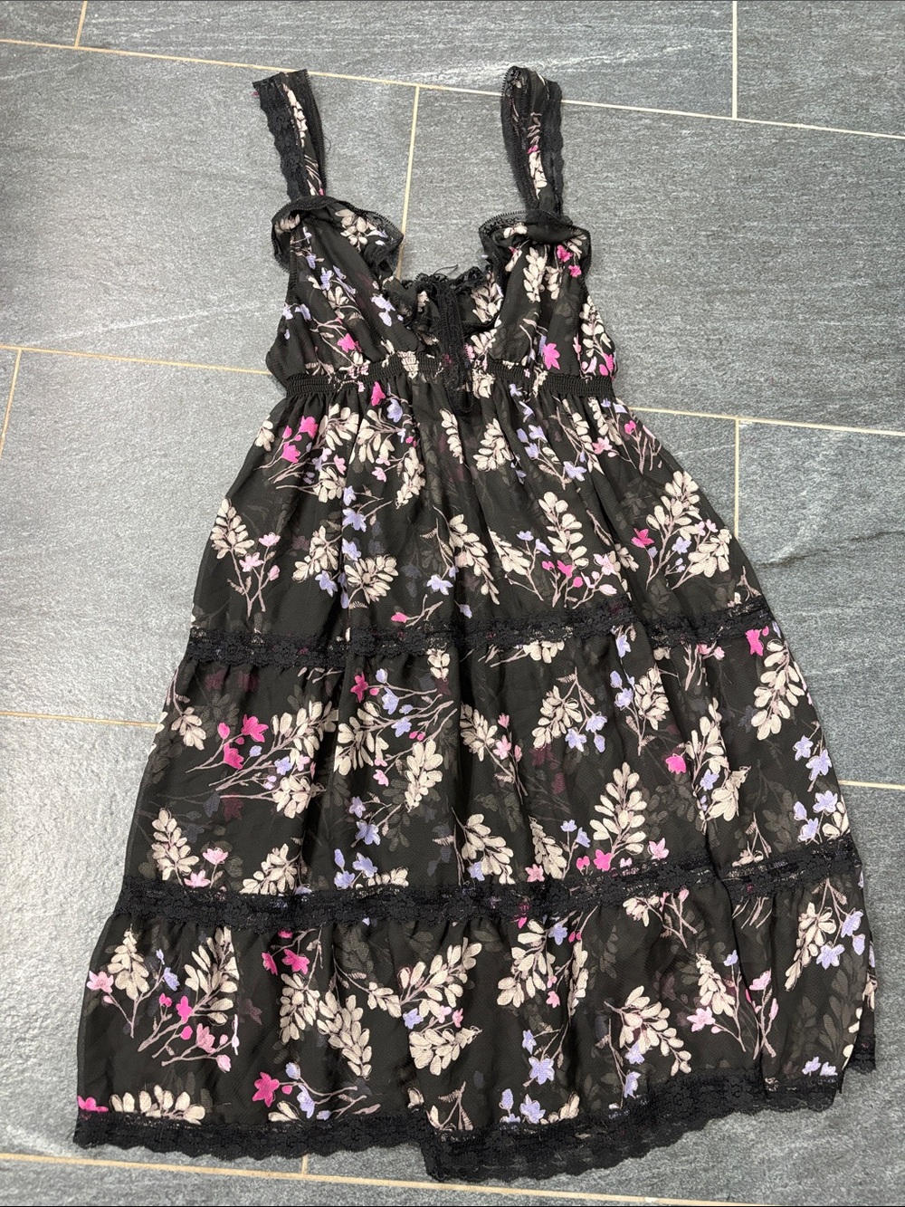 VS Angels Black Floral Babydoll Slip with Pink & Lavender Print